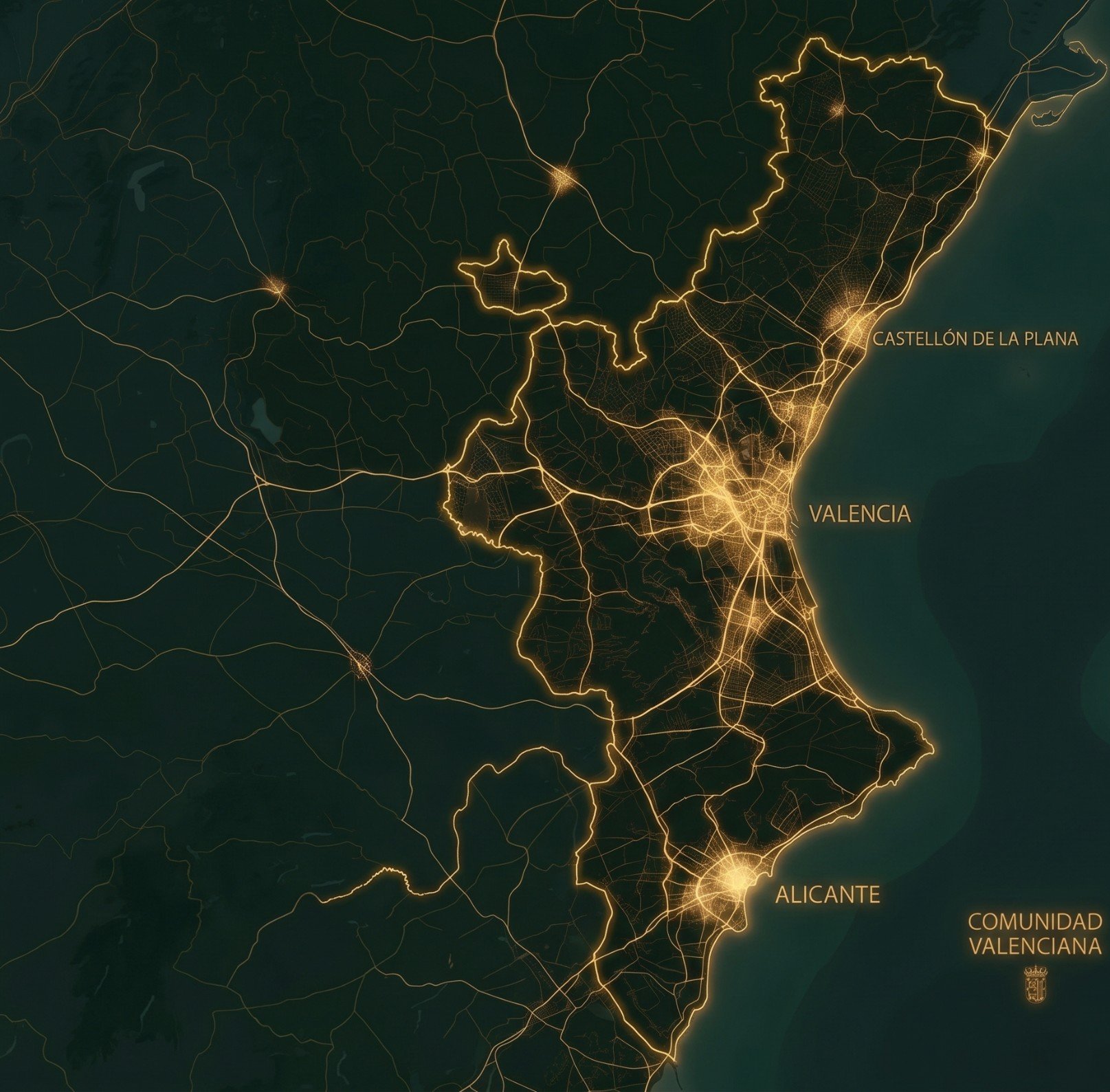 Mapa de la Comunidad Valenciana con Castellón, Valencia y Alicante iluminadas